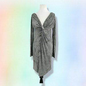Norma Kamali Dress S Animal Print Black Gray White V Neck Knot mob‎ wife party